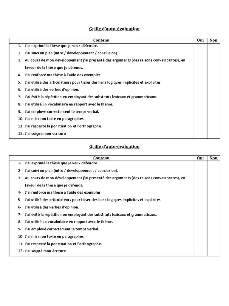 Grille d'auto-évaluation pour élèves | PDF
