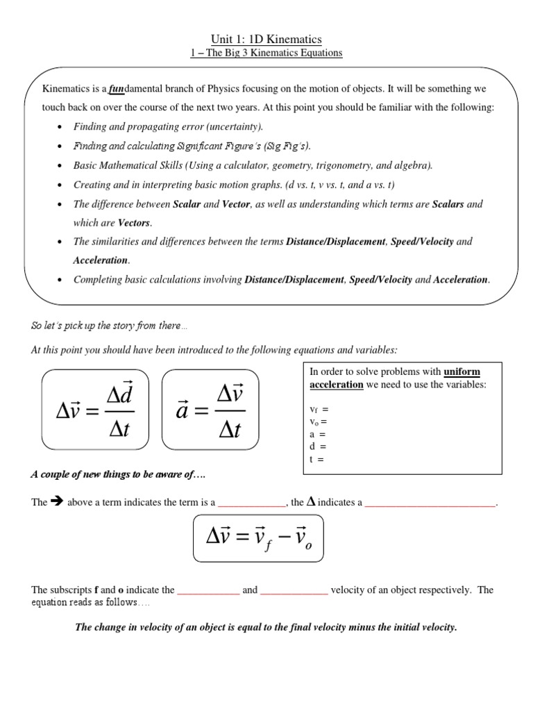 Notes Unit 1 1d Kinematics Student Pdf Velocity Kinematics