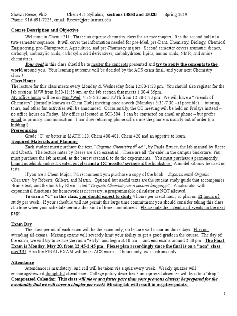 Syllabus and Schedule Chem 421 2019 CRC PDF Multiple Choice Test