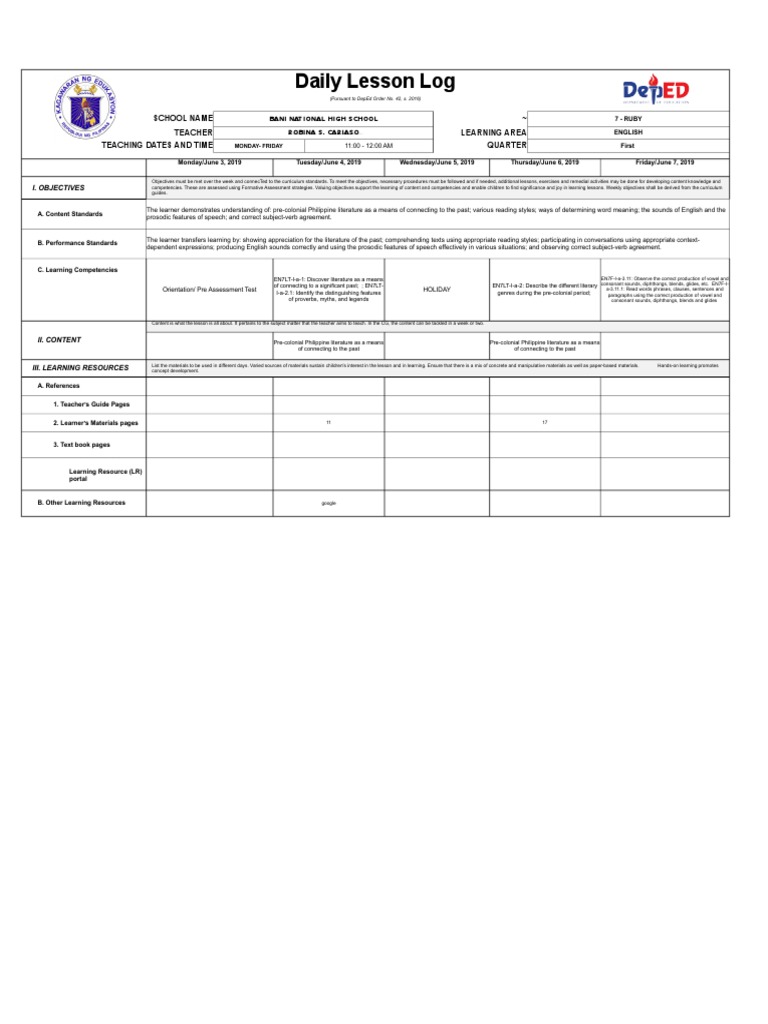 English 7 DLL | PDF | Teachers | Learning