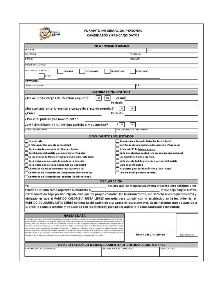 Formulario y documentos solicitados