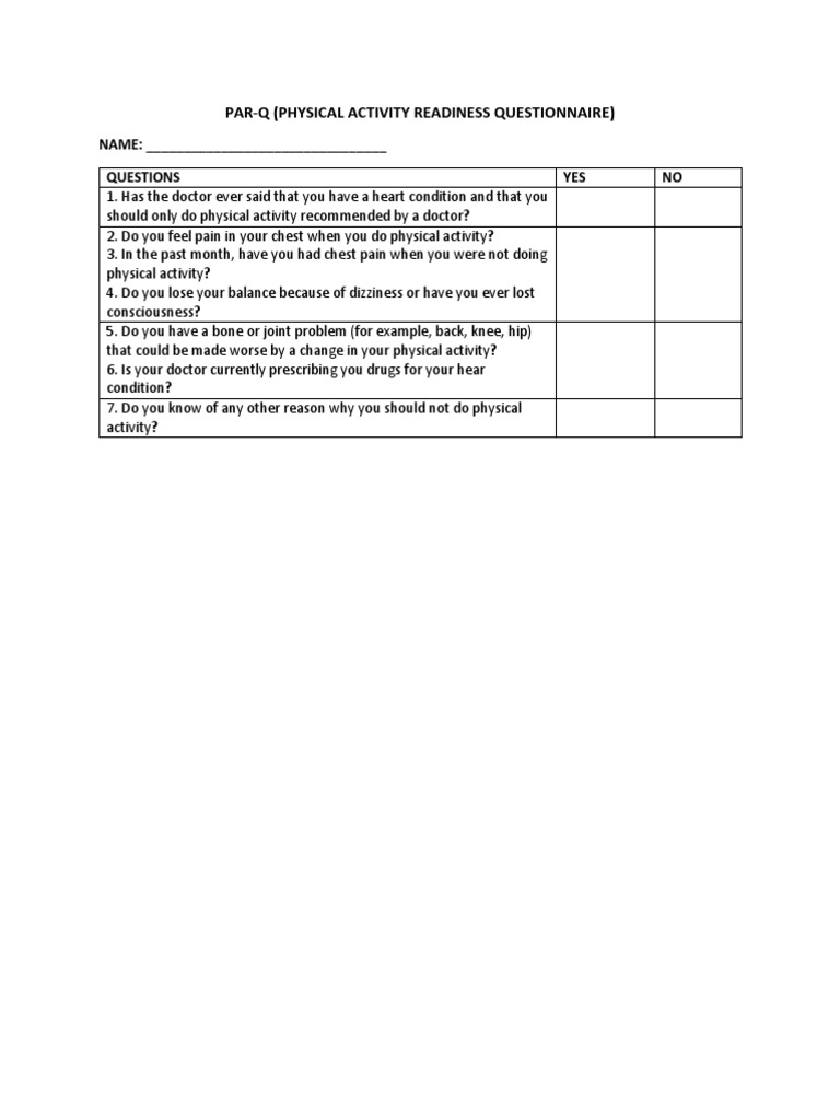 PAR-Q: Readiness Questionnaire Form | PDF
