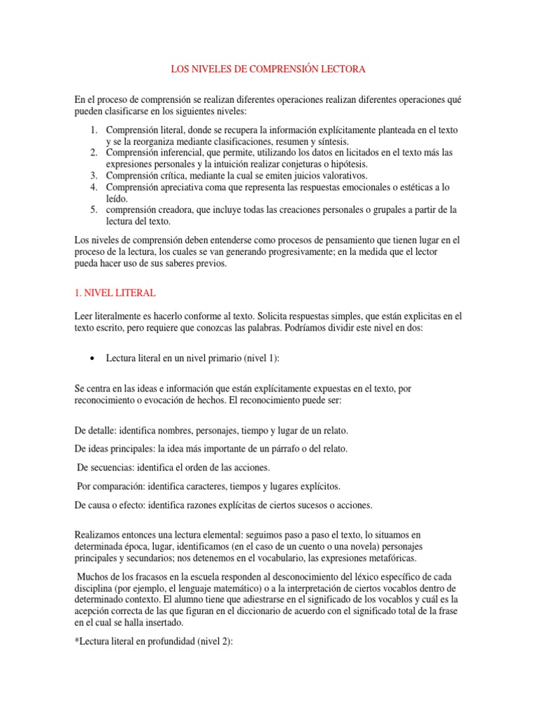 Niveles de Comprensión Lectora | PDF | Comprensión lectora | Comprensión
