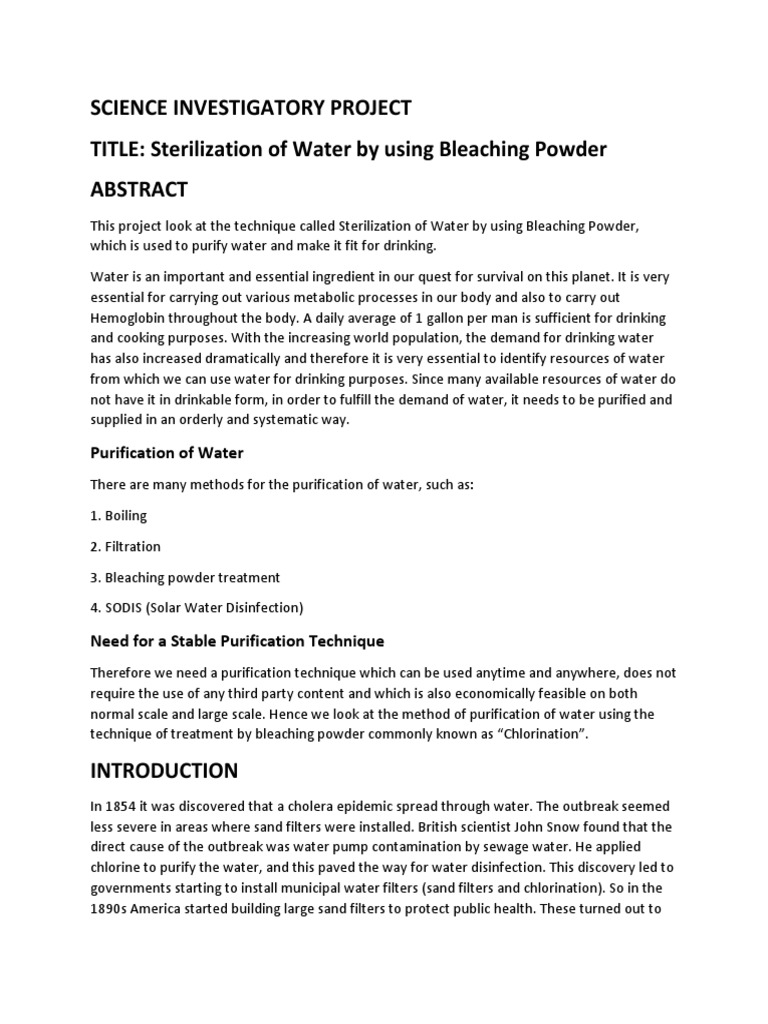 Investigatory Project Sterilization of Water PDF Water
