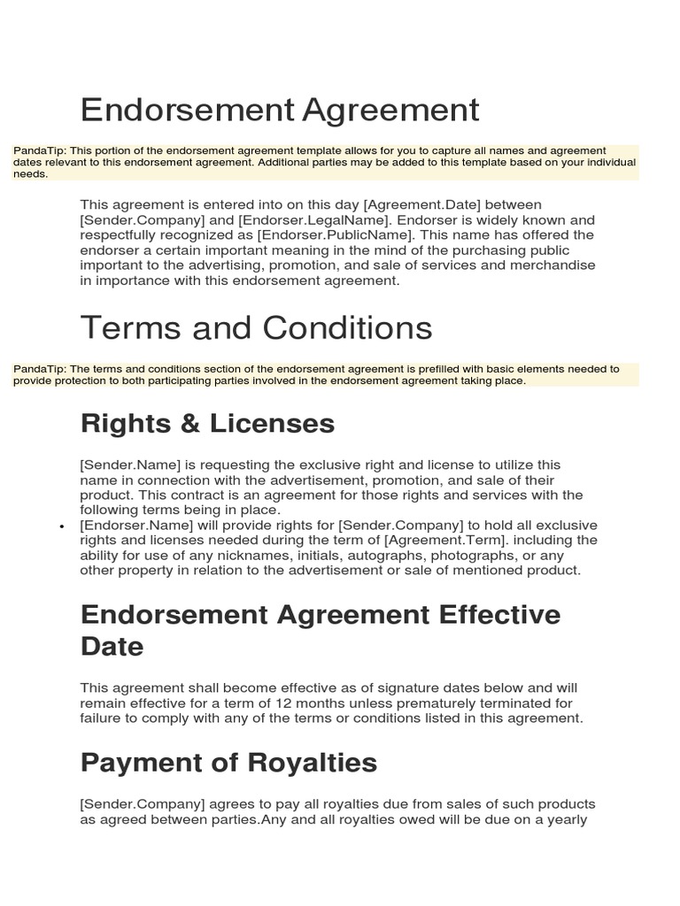 Celebrity Endorsement Agreement Template | PDF | Royalty Payment ...