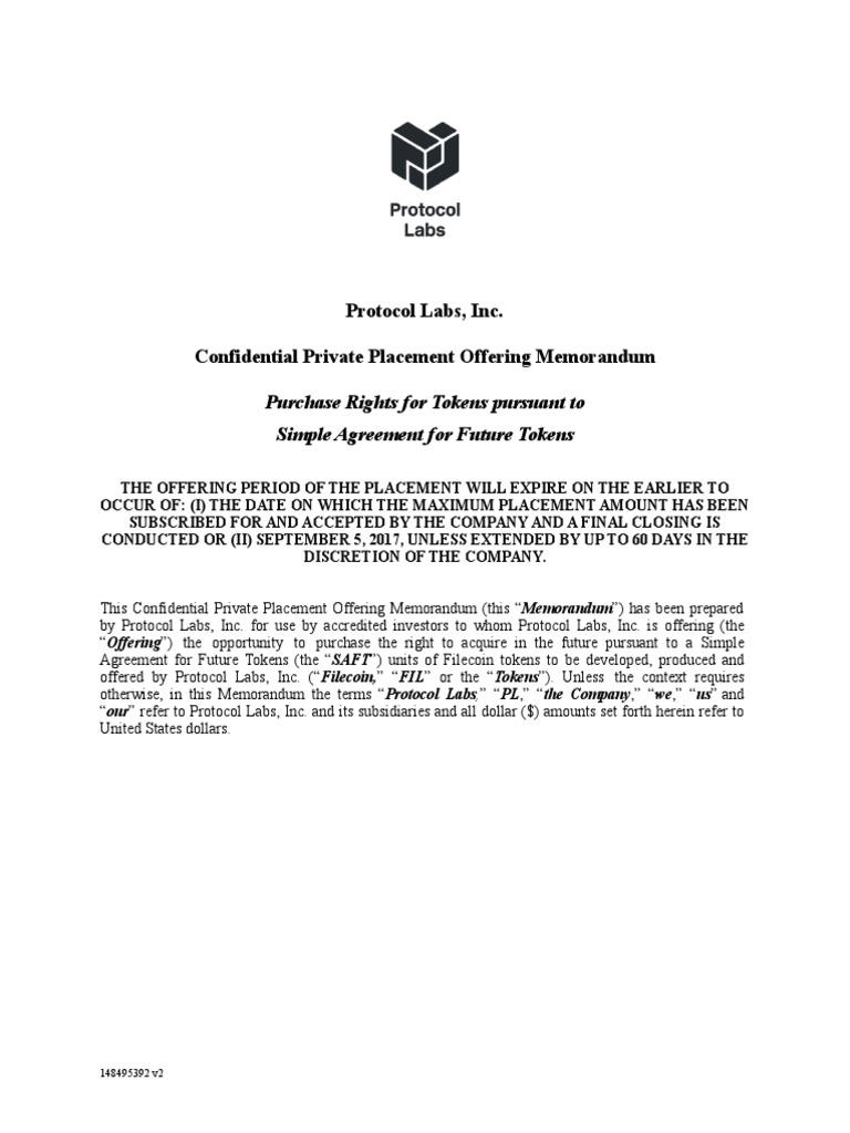 SAFT - Private Placement Memorandum | PDF | Cryptocurrency | Securities Act  Of 1933