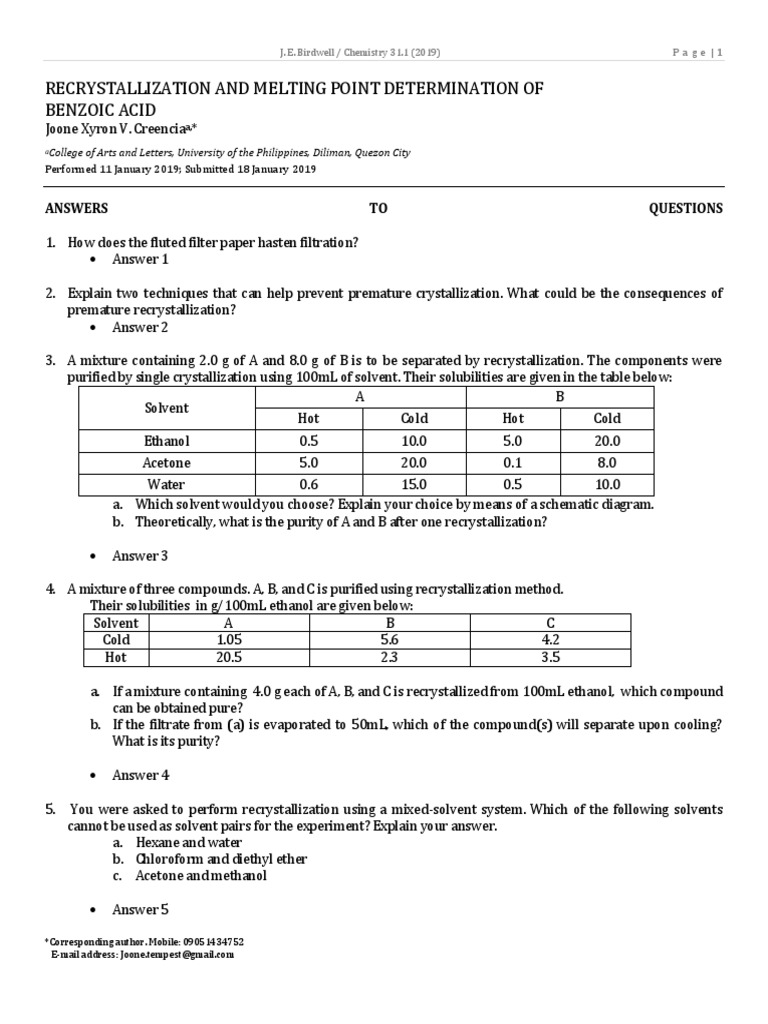 Recrystallization and Melting Point Determination of Benzoic Acid | PDF ...