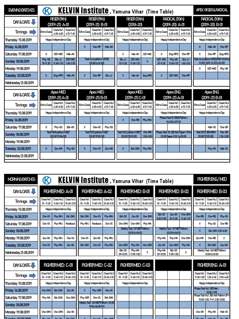 KELVIN Institute Class Schedule | PDF | Standardized Tests
