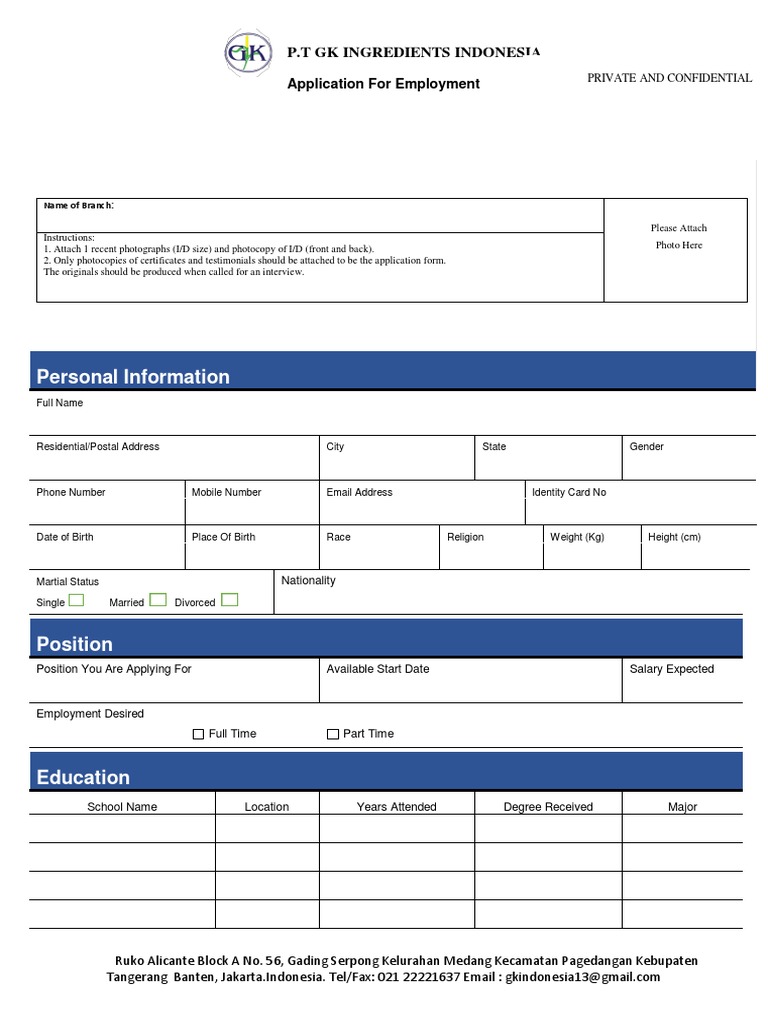Employment Application for P.T. GK Indonesia | PDF