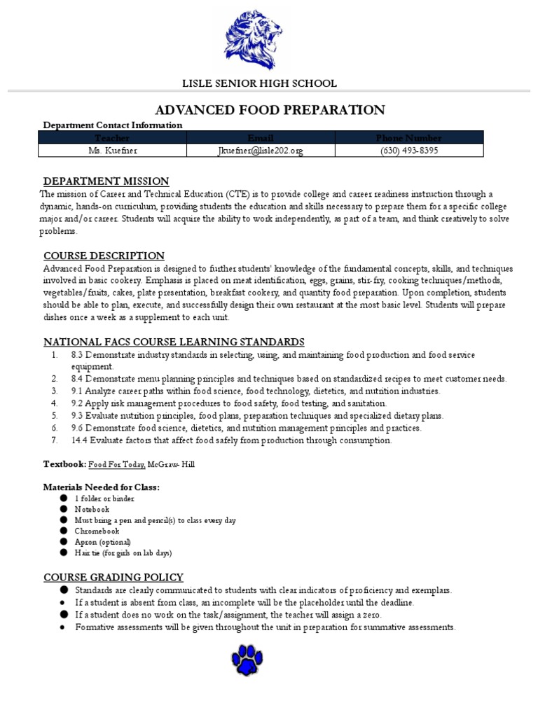 Advanced Food Preparation Course Overview | PDF | Homework | Foods