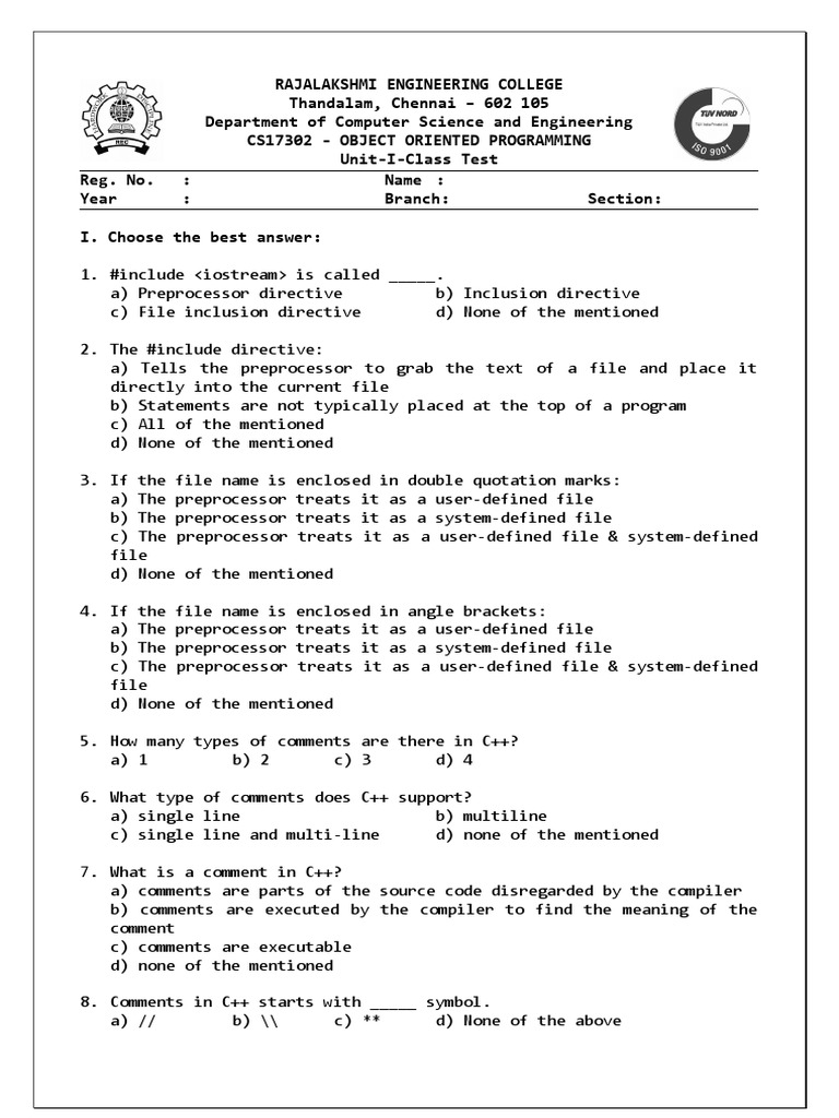 CS17302 OOP Class Test Unit I Q | PDF | Boolean Data Type | Data Type