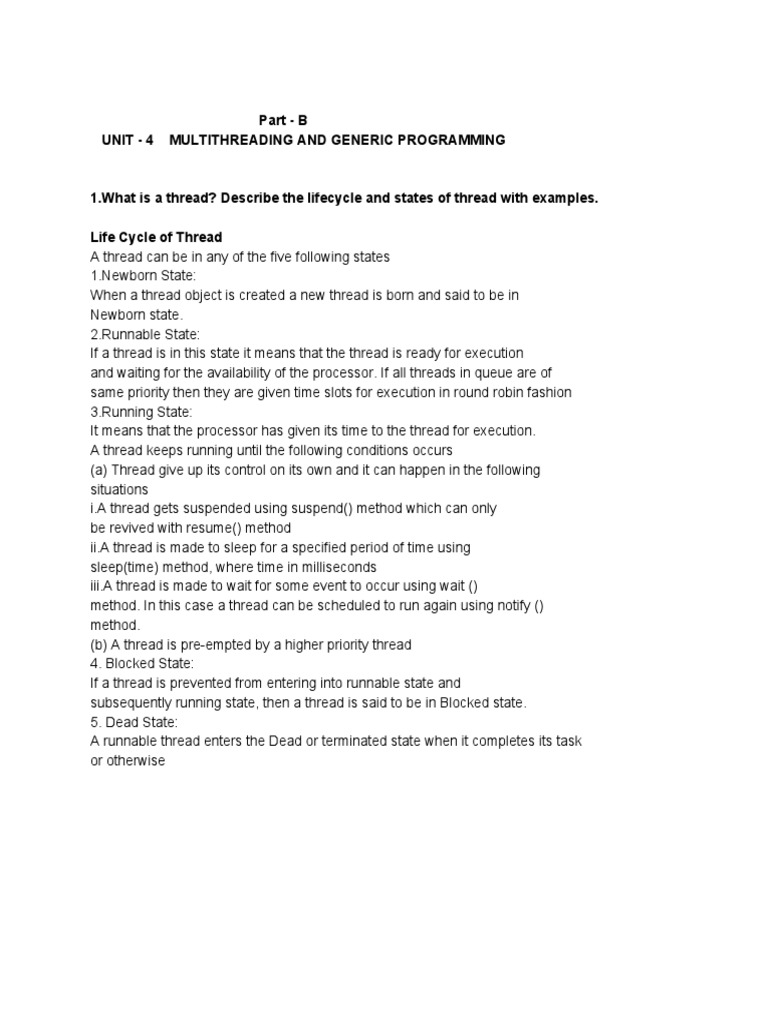 Part - B Unit - 4 Multithreading and Generic Programming | PDF | Thread ...