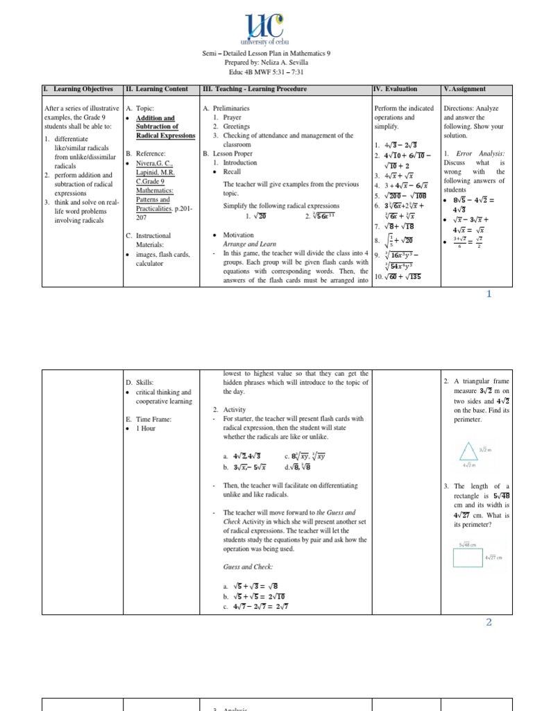 Grade 9 Math: Radicals Lesson Plan | PDF | Lesson Plan | Cognition
