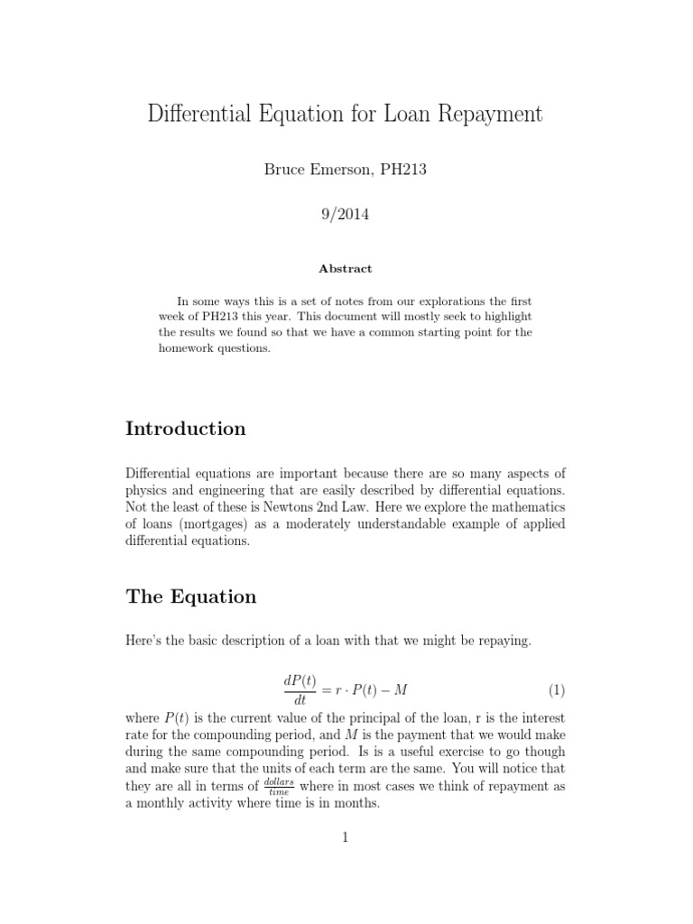 Differential Equation For Loan Repayment Bruce Emerson, PH213 PDF