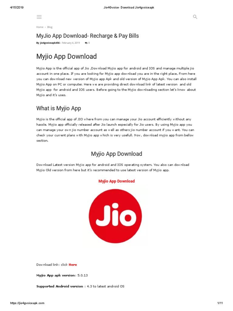 Myjio App DownloadRecharge & Pay Bills PDF Smartphone Android