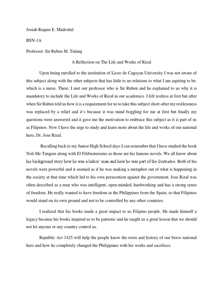 reflective essay about rizal law