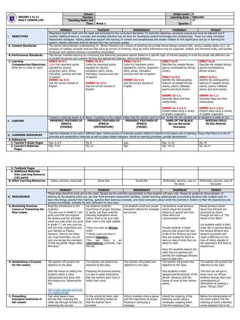 Grade 8 English Daily Lesson Plan | PDF | Learning | Stress (Linguistics)