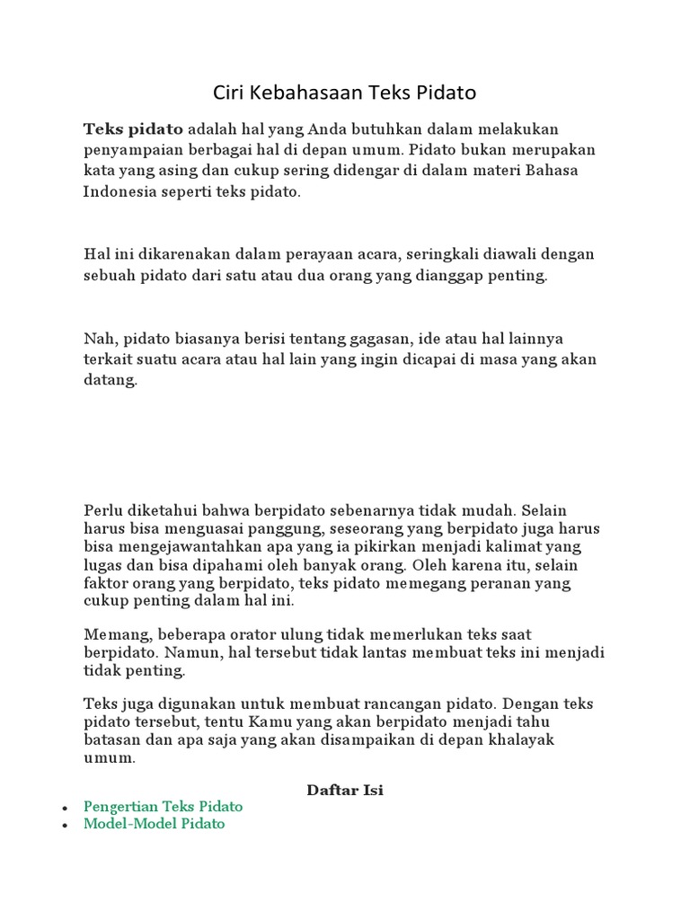 Ciri Kebahasaan Teks Pidato