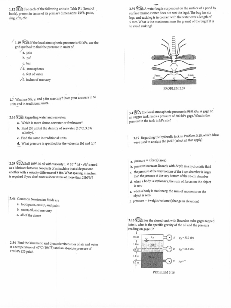 Fluid Mechanics Problem Set Solutions | PDF | Pressure Measurement ...
