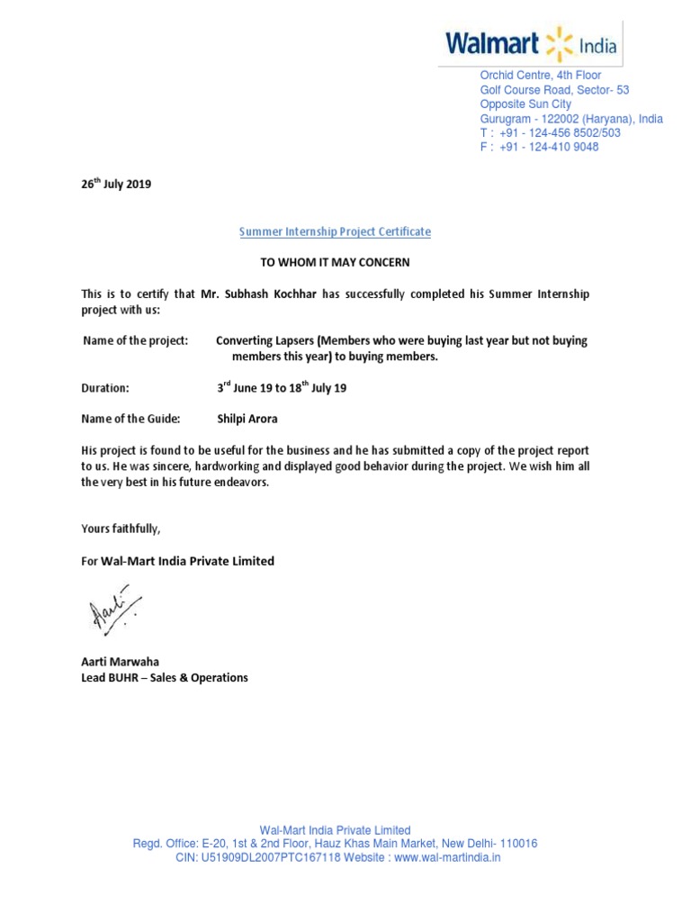 Internship Walmart Certificate | PDF