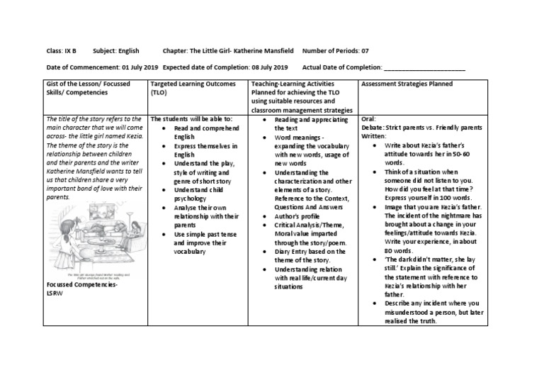 The Little Girl Lesson Plan Kvs Lesson Plan English Language