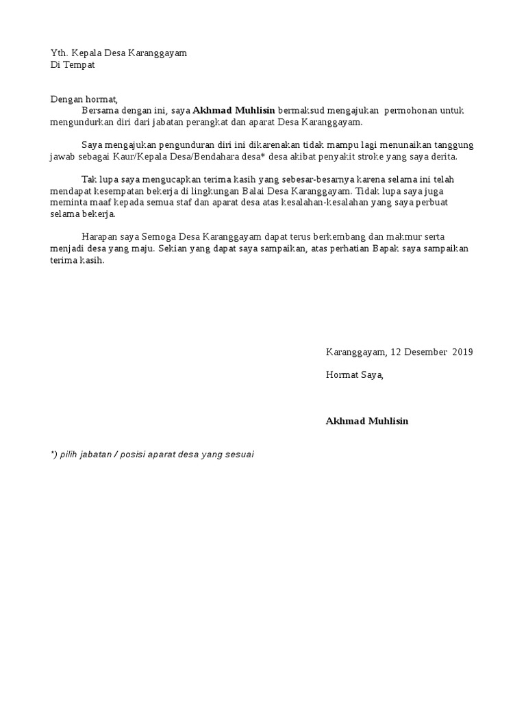Contoh Surat Pengunduran Diri Dari Jabatan Bendahara Desa Berbagi Contoh Surat