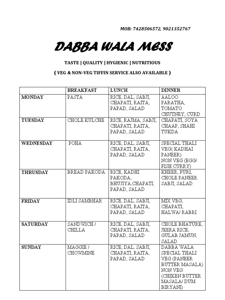 Dabba Wala Mess: Weekly Menu Highlights | PDF