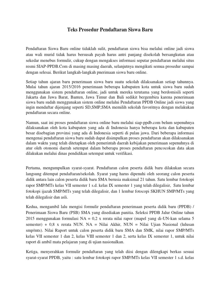 Teks Prosedur Penerimaan Siswa Baru Ruang Soal
