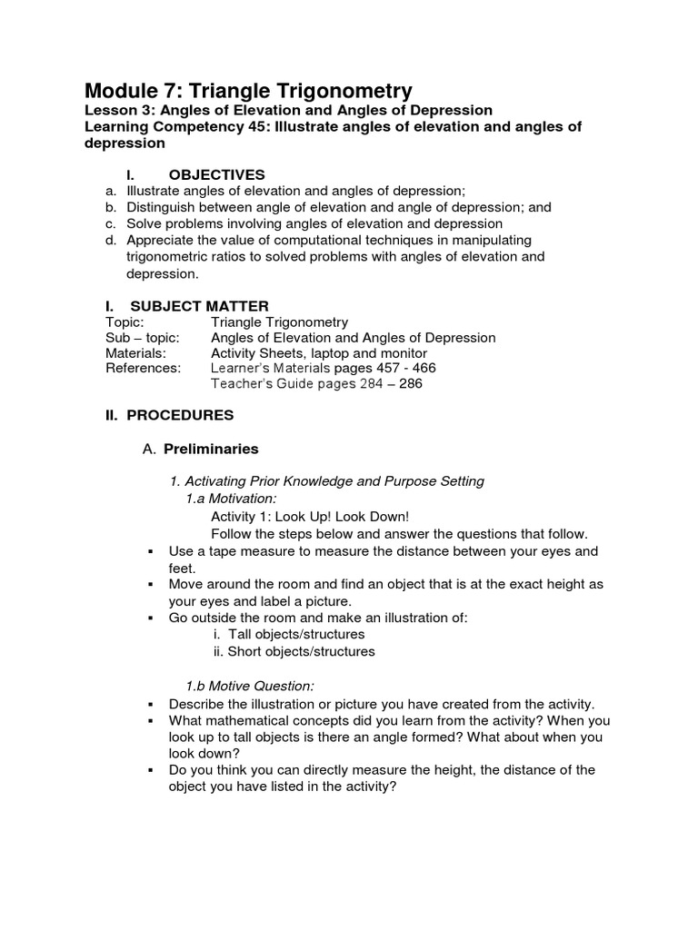Angles of Elevation & Depression Trig Problems | PDF | Trigonometry ...