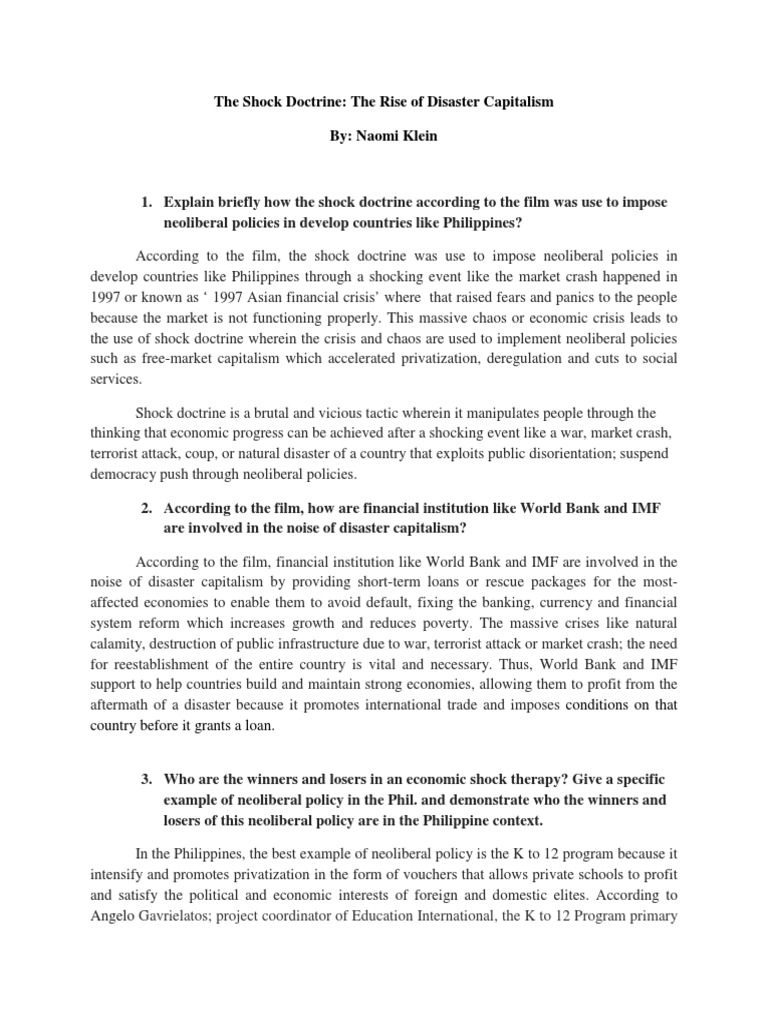 Shock Doctrine Neoliberalism PDF Neoliberalism International