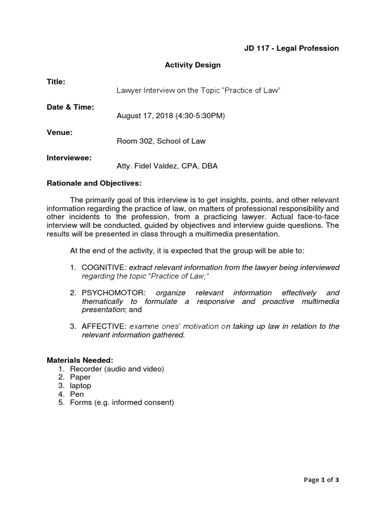 JD 117 - Legal Profession Activity Design Title | PDF | Lawyer | Interview