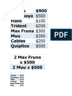 Chokis $900 Quimbaya $500 Halls Trident Max Fruna $300 Muu Cables Quipitos 2 Max Fruna X $500 2 Muu X $500