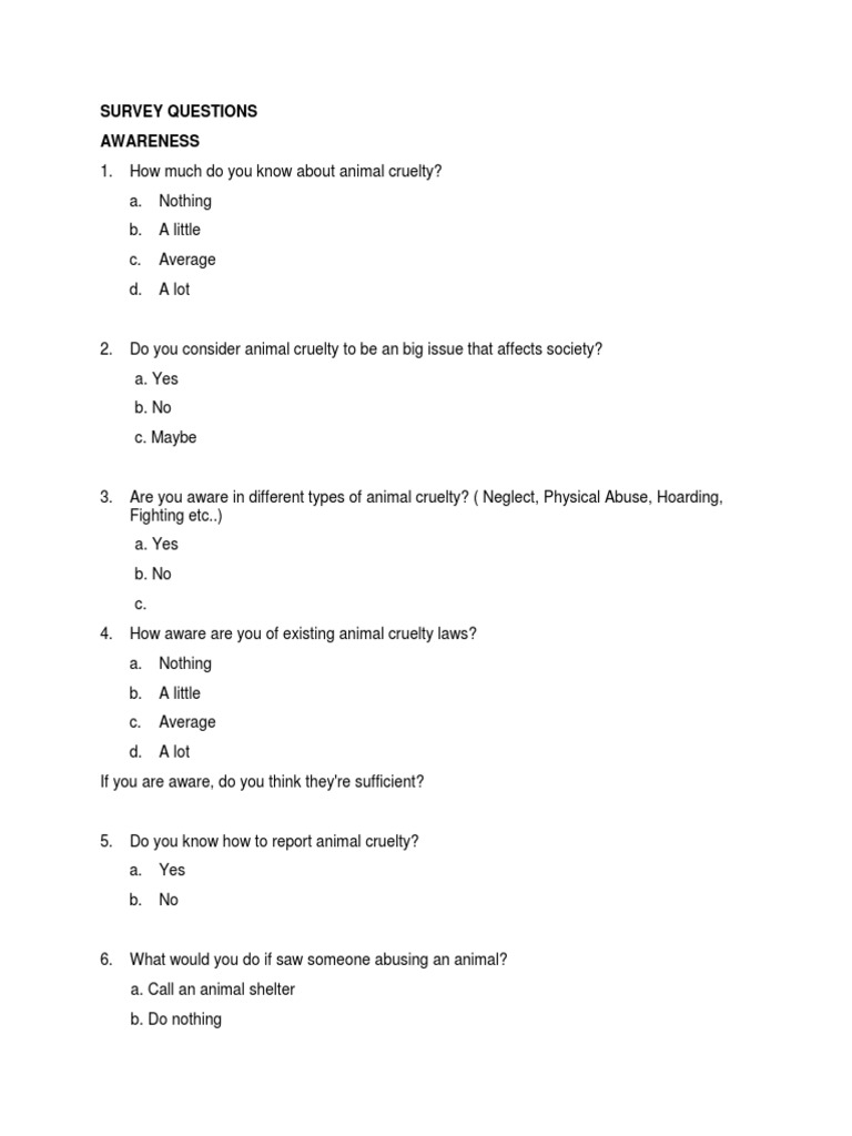 Survey Questions Awareness PDF Pet Cruelty To Animals