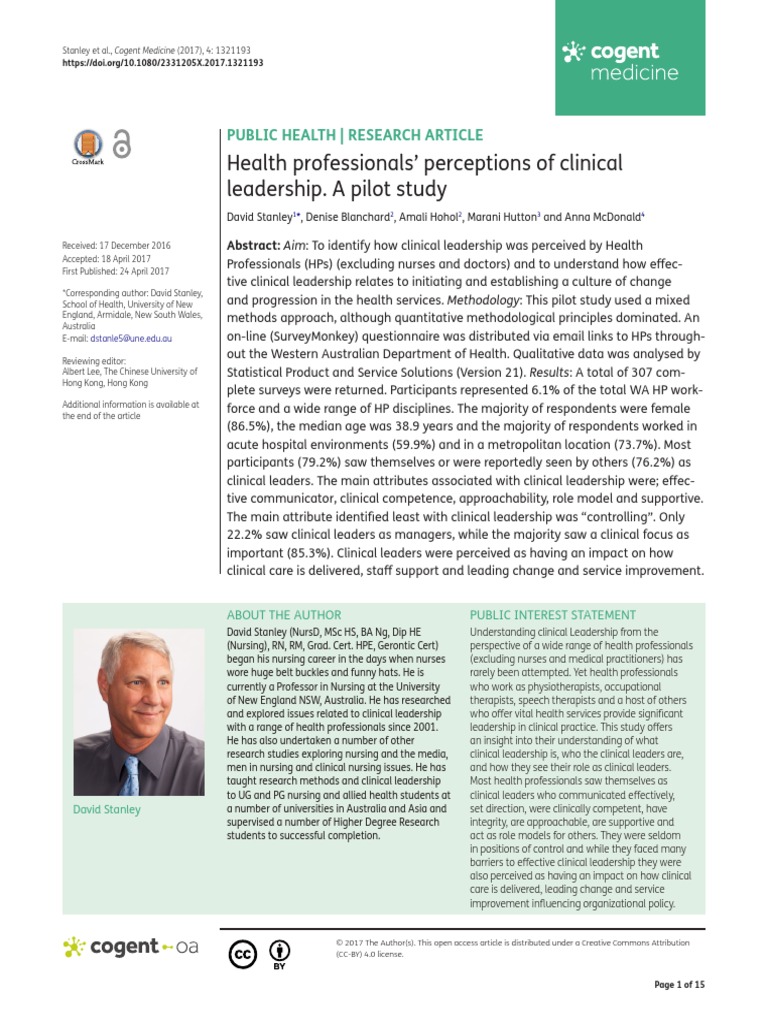 Health Professionals Perceptions of Clinical Leadership A Pilot Study ...