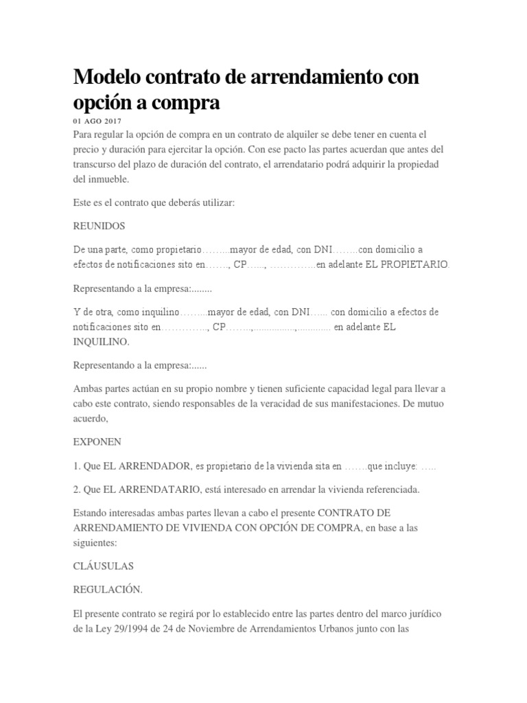 Modelo de contrato de alquiler con opción a compra | PDF | Alquiler ...