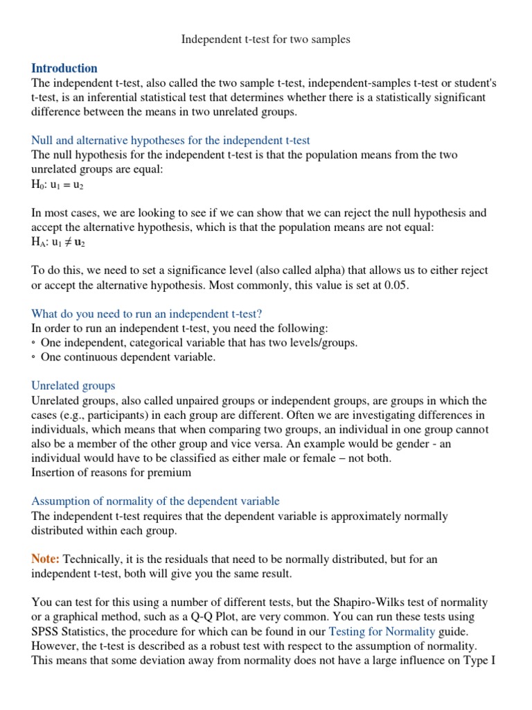 Independent T-Test Overview and Application | PDF | Student's T Test ...