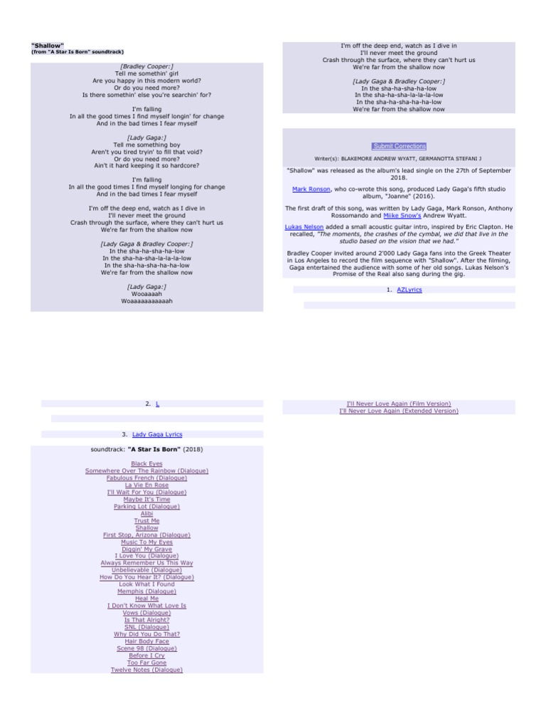 Shallow Lyrics Pdf Recorded Music