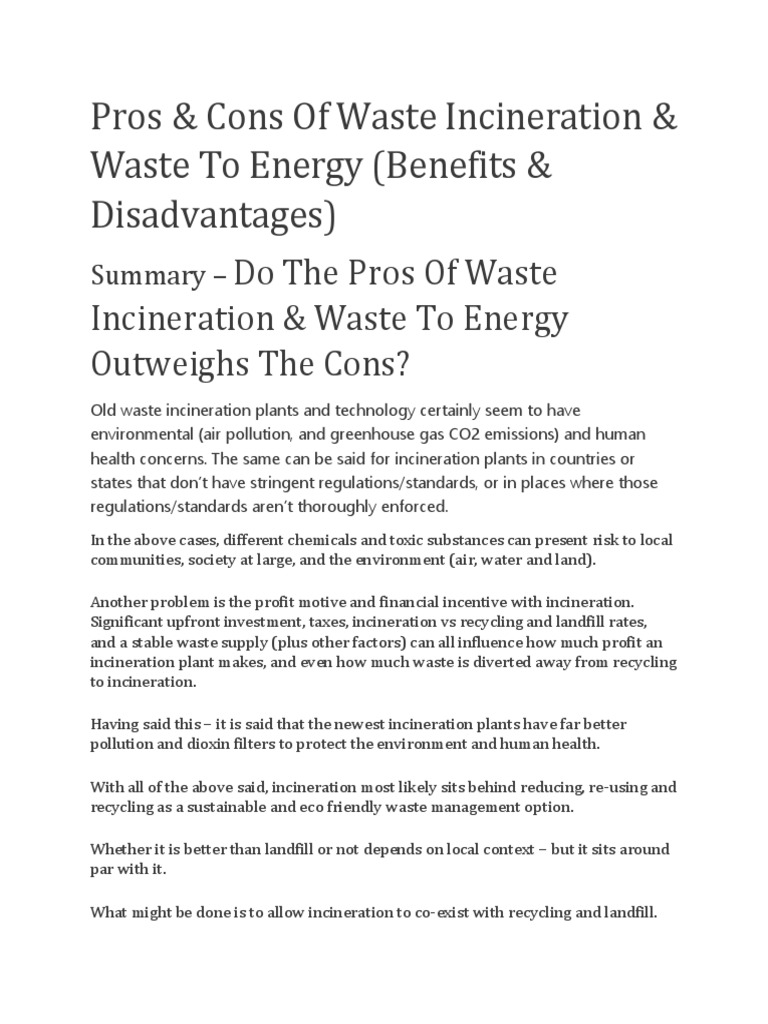 Incinerator Pros and Cons PDF Incineration Recycling