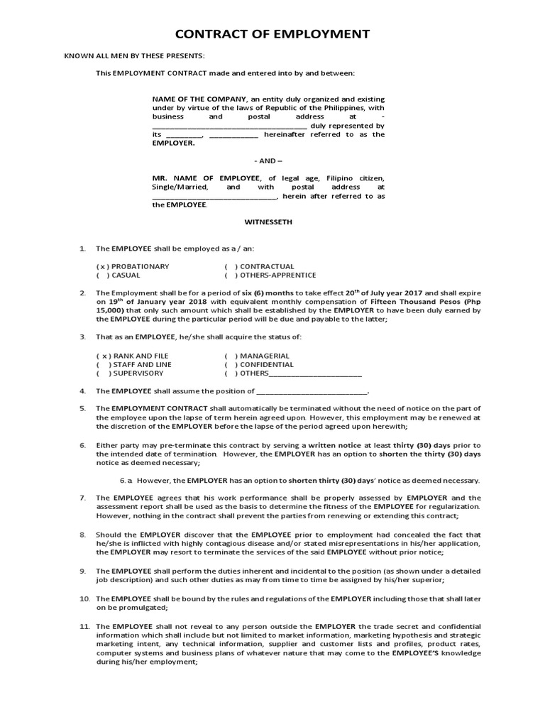 Contract of Employment: NAME OF THE COMPANY, An Entity Duly Organized ...
