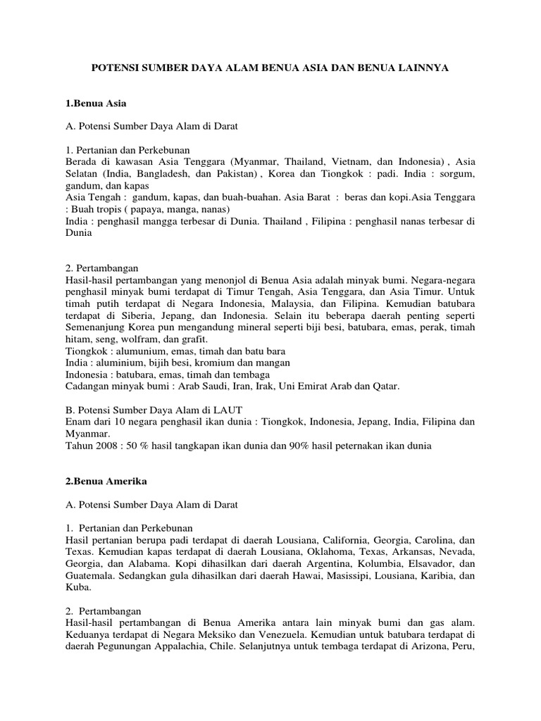 Potensi Sumber Daya Alam Benua Asia Dan Benua Lainnya