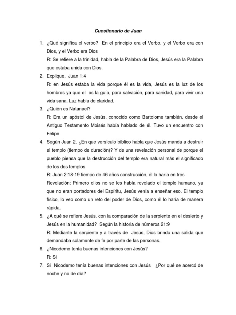 Cuestionario sobre el Evangelio de Juan | PDF | Evangelio de juan | Jesús
