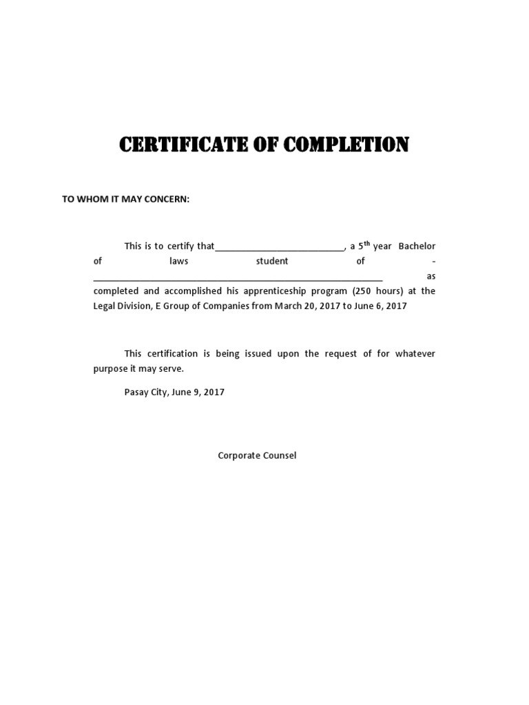 Certificate of Completion for 250 Hour Apprenticeship Program in Legal ...