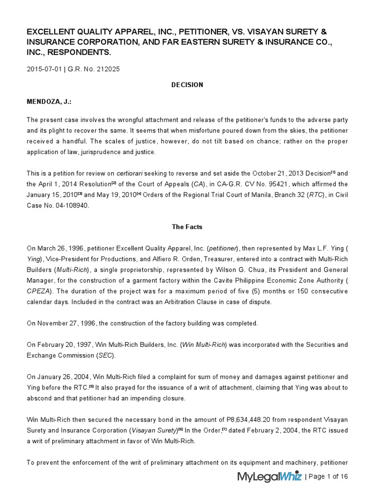 Excellent Quality Apparel, Inc., Petitioner, Vs. Visayan Surety