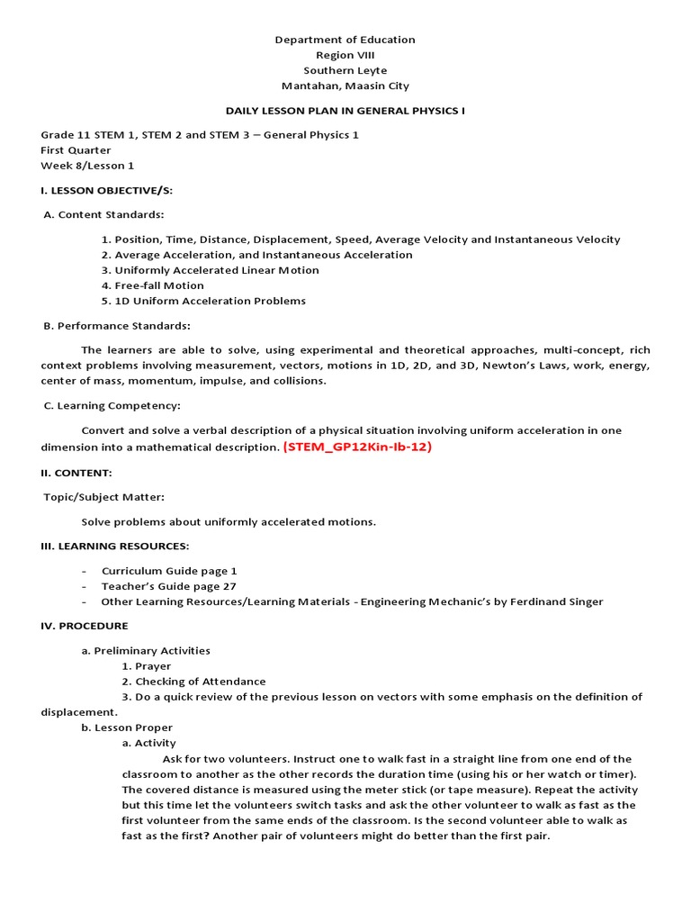 Daily Lesson Plan in General Physics I: (STEM - GP12Kin-Ib-12) | PDF ...