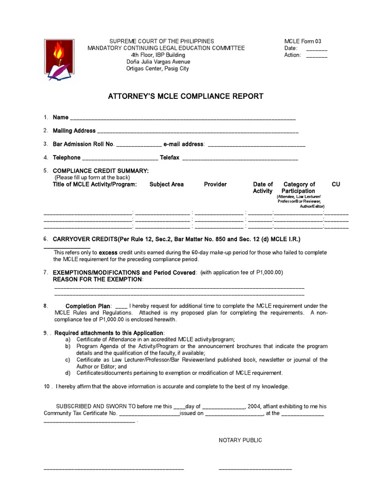 Attorney'S Mcle Compliance Report: (Attendee, Law Lecturer/ Professor ...