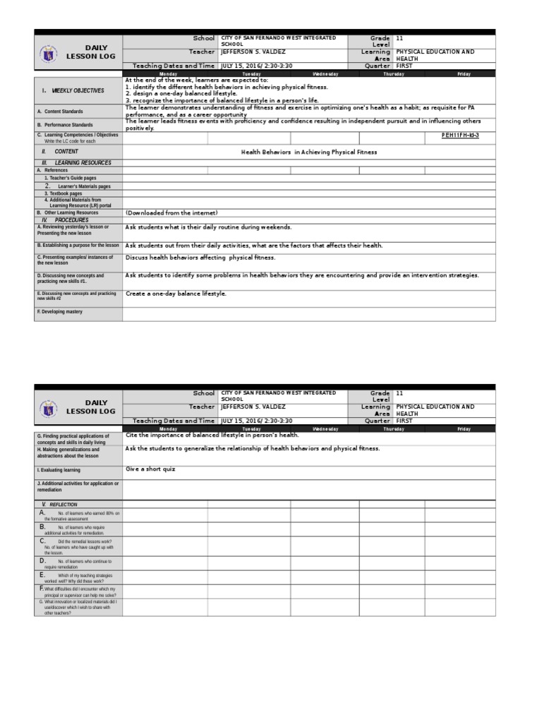 DLL Week 5 Grade 11 Pe | PDF | Physical Education | Learning