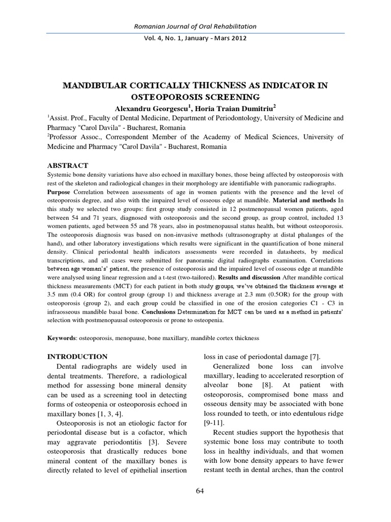 Mandibular Cortically Thickness | PDF | Osteoporosis | Bone