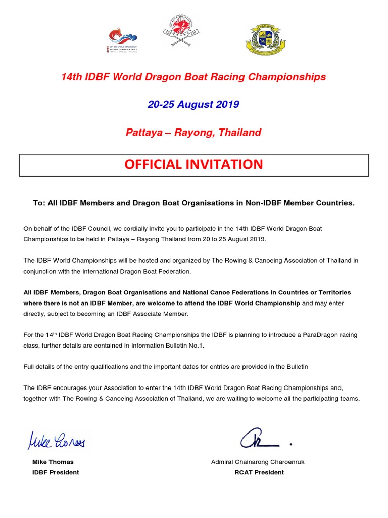 Official Invitation: 14th IDBF World Dragon Boat Racing Championships | PDF