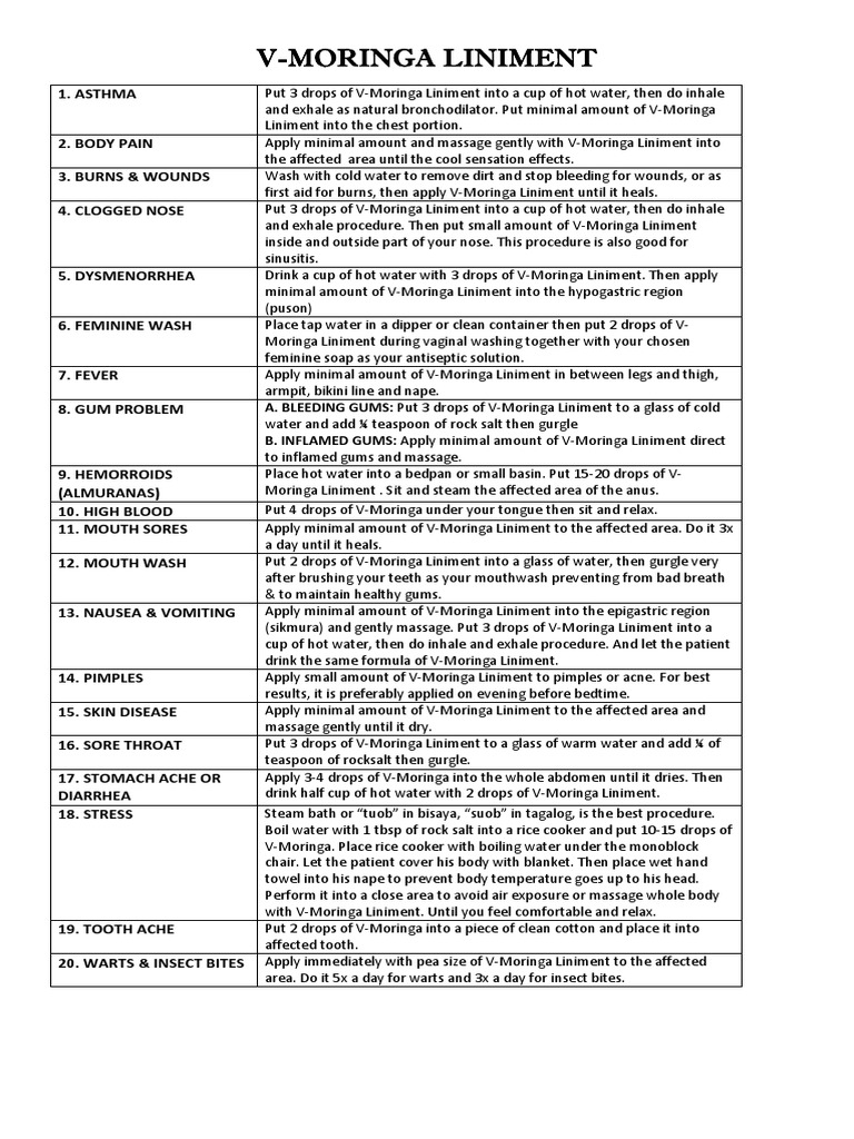 V-Moringa Liniment Uses Guide | PDF | Water | Medical Specialties