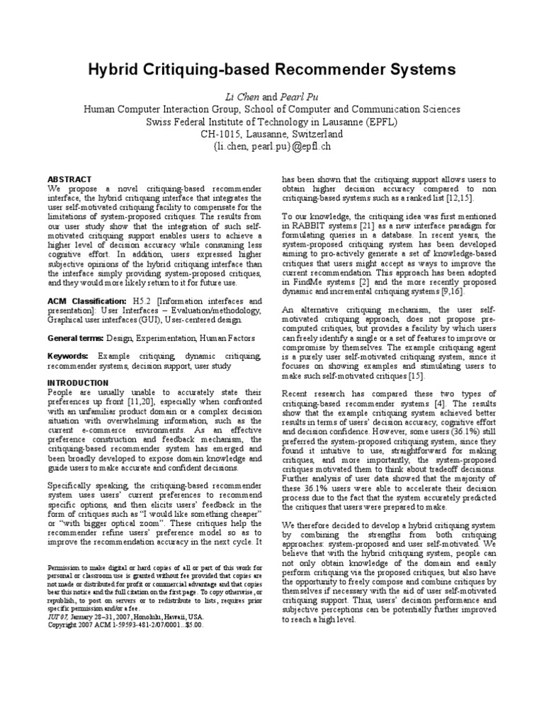 Hybrid Critiquing-Based Recommender Systems | PDF | Graphical User ...